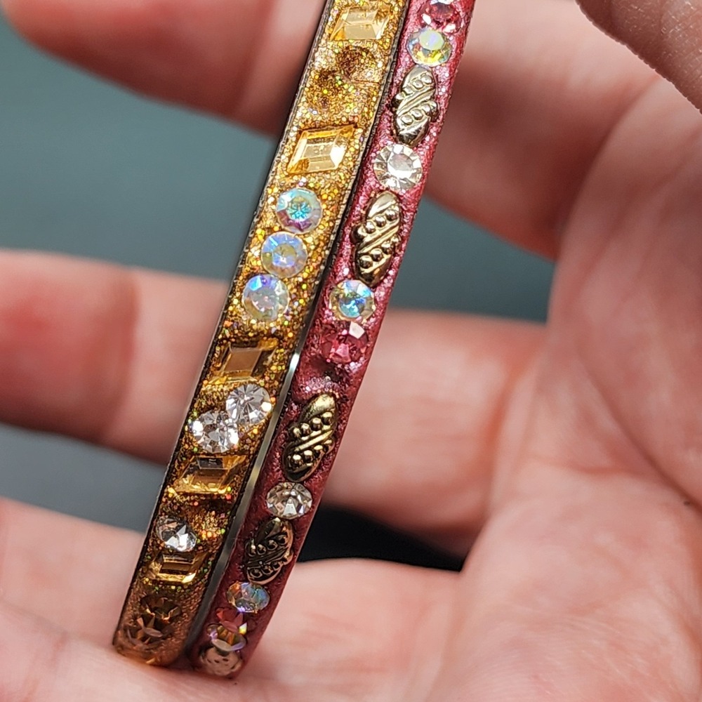 2pc Rhinestone Glitter Bangle Bracelet Set Gold Tone Pink AB Glam Stackable Gift